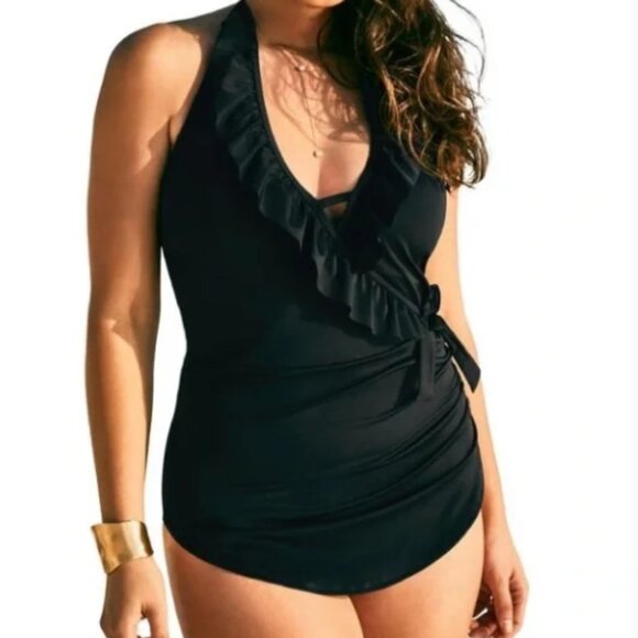 Swimsuits For All Sarong-Front Ruffle Halter One-Piece Swimsuit sz 20W NWOT - Picture 1 of 10